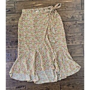 Max Studio Skirt Womens Large Orange Floral Midi Faux Wrap Hi Lo Ruffle Hem Boho